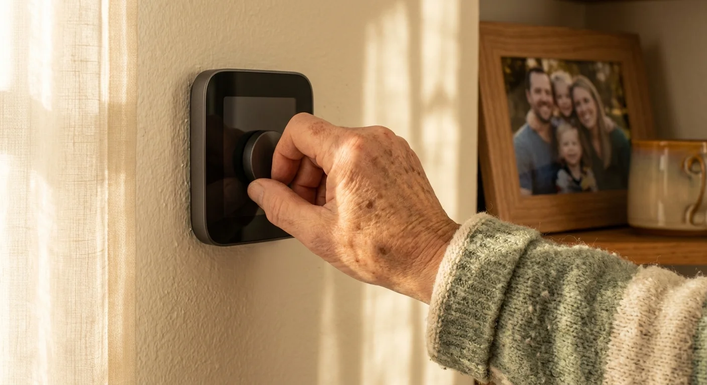 A close-up of a senior's hand adjusting a modern smart thermostat on a home wall.