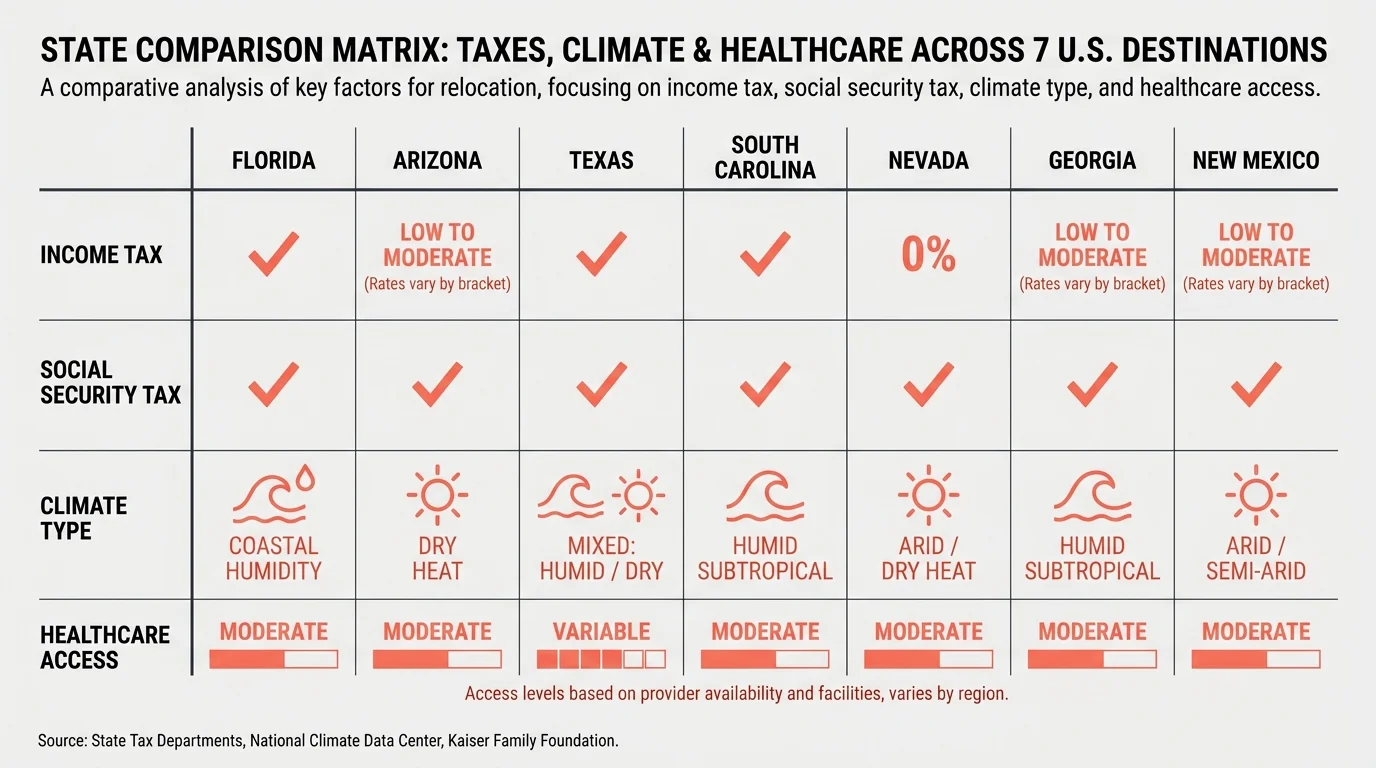 A comparison chart of the 7 states showing their tax rates, climate types, and healthcare quality.