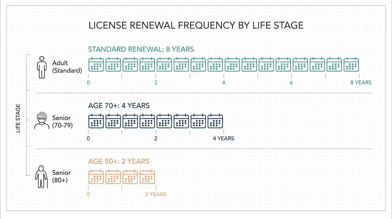 A comparison chart showing how license renewal cycles shorten from 8 years to 2 years as a driver ages.