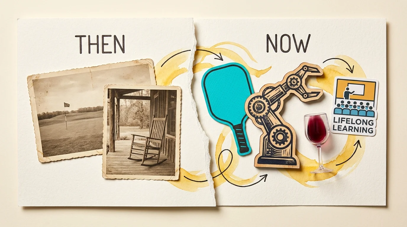 A conceptual collage showing the shift from quiet retirement scenes to active hobbies like pickleball, technology, and social clubs.