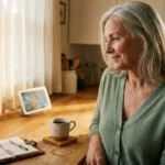 A confident senior woman in a sunlit kitchen interacting with smart home technology.