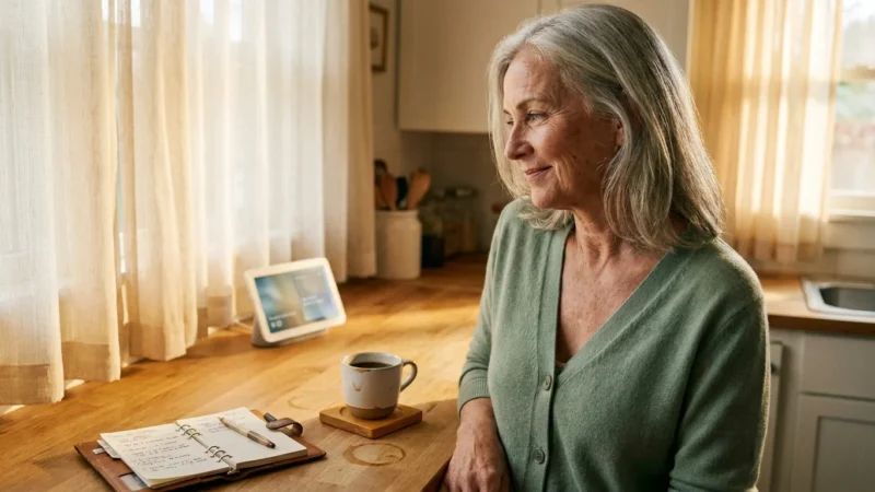 A confident senior woman in a sunlit kitchen interacting with smart home technology.