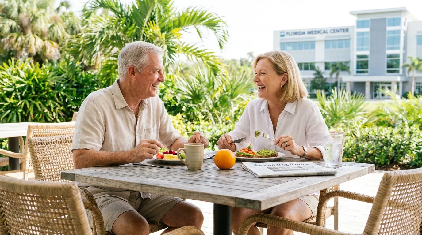A couple has breakfast on a tropical patio in Florida, highlighting the state's sunshine and retiree-focused lifestyle.