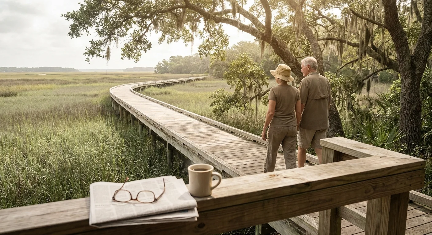 A couple walks along a wooden boardwalk through the marshlands of the Everglades.