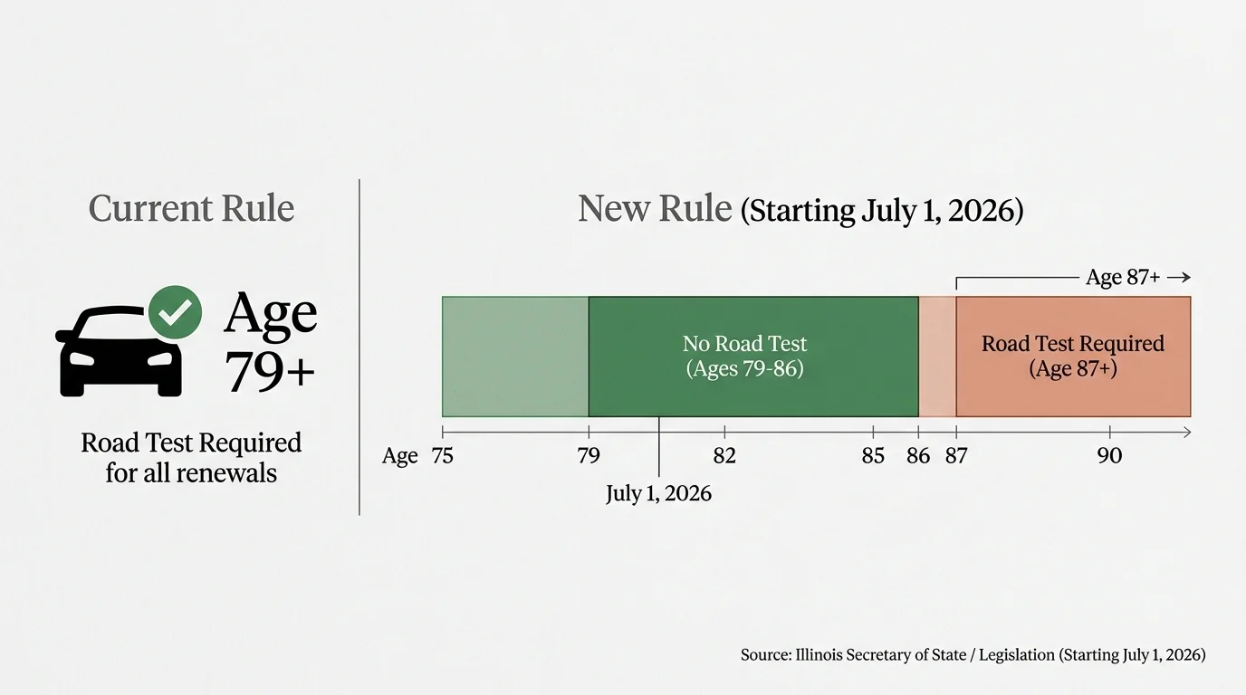 A diagram comparing the current and 2026 Illinois road test age requirements, showing the shift from age 79 to 87.