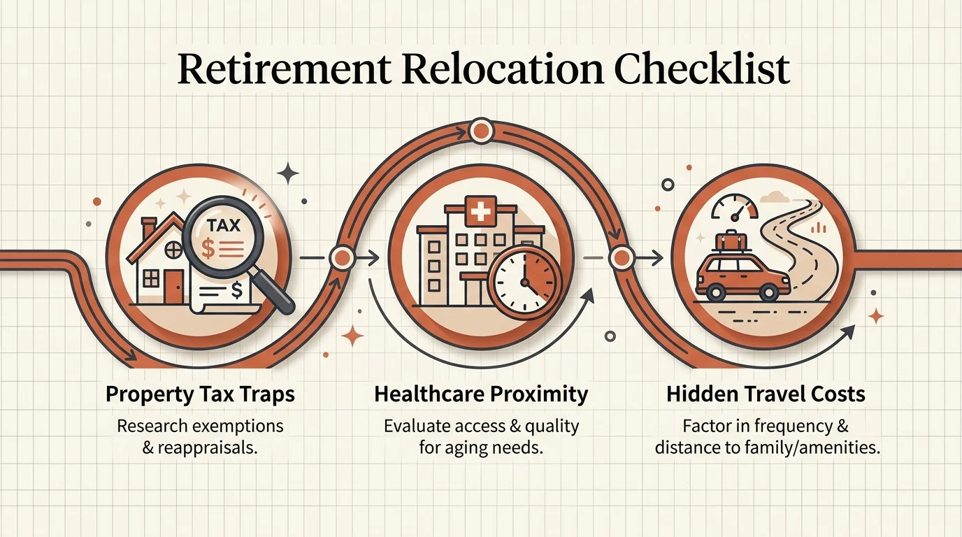 A diagram showing a checklist of things to consider when relocating, like taxes, healthcare, and travel costs.