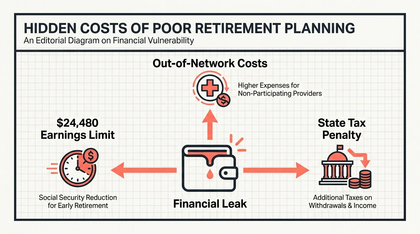 A diagram showing how relocation errors like the $24,480 earnings limit and tax penalties can drain retirement savings.