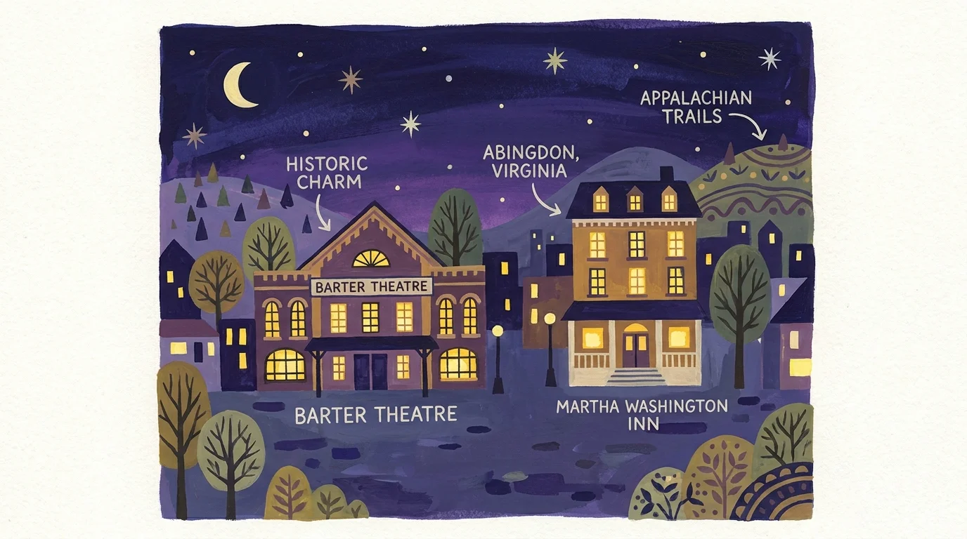 A gouache illustration of the historic Barter Theatre in Abingdon, Virginia, under a night sky.
