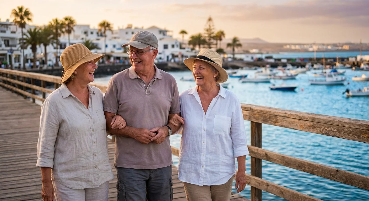 A group of happy retirees laughing while walking along a sunny coastal boardwalk during golden hour.