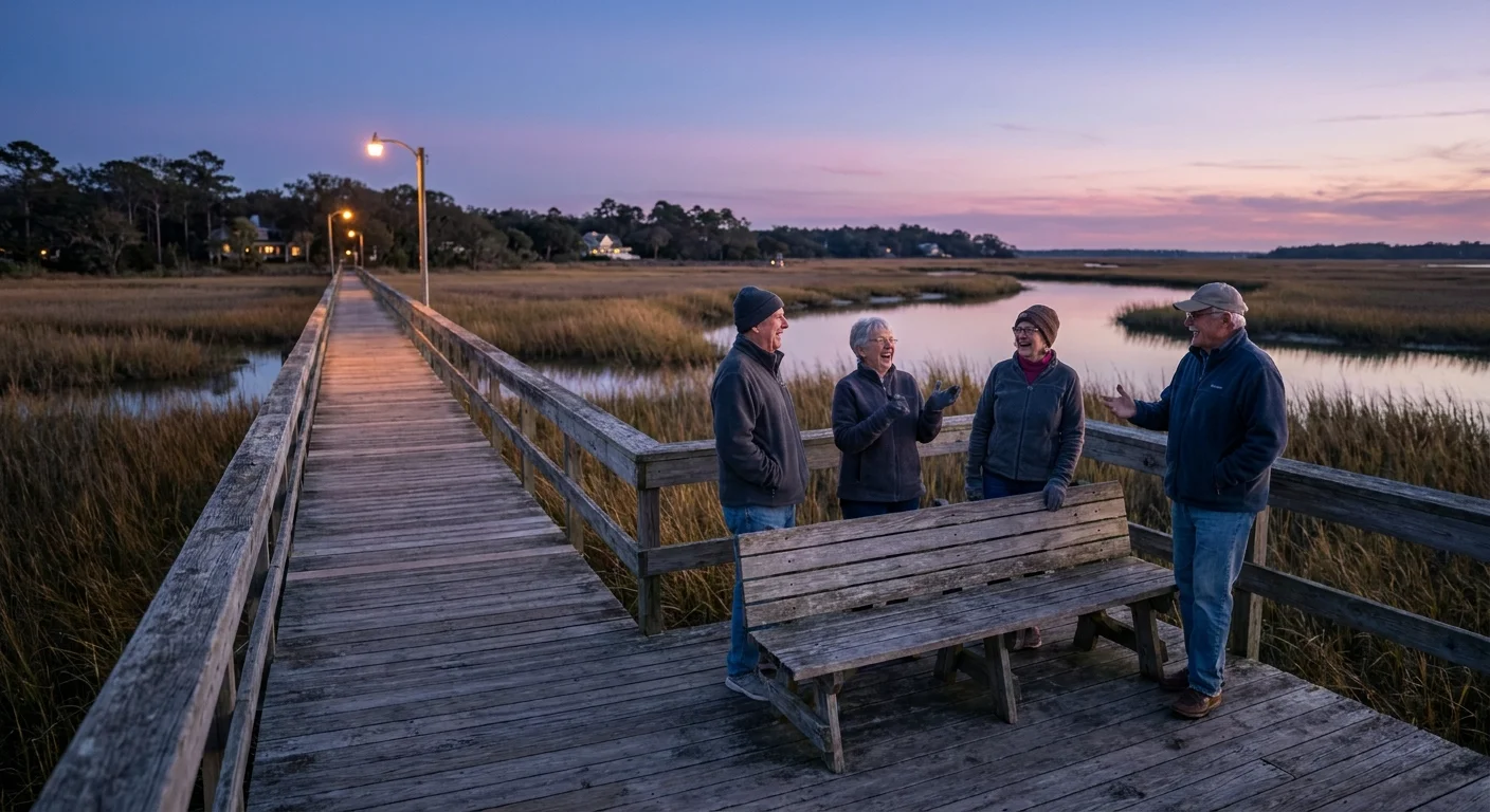 A group of seniors enjoys the sunset by a salt marsh pier in South Carolina, showing coastal retirement life.