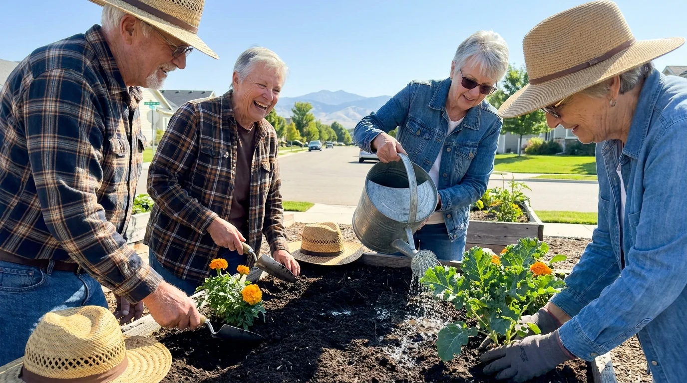A group of seniors laughing and gardening together in a sunny Boise community garden.