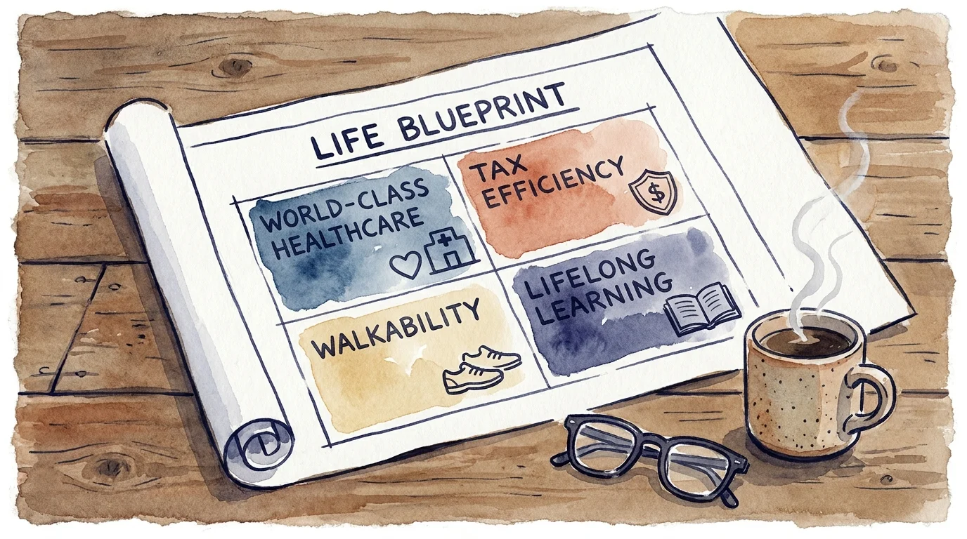 A hand-drawn watercolor blueprint showing lifestyle priorities like healthcare, taxes, and walkability.