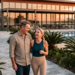 A happy couple in their 60s walks through a lush, resort-style retirement community at sunset with a modern clubhouse in the background.