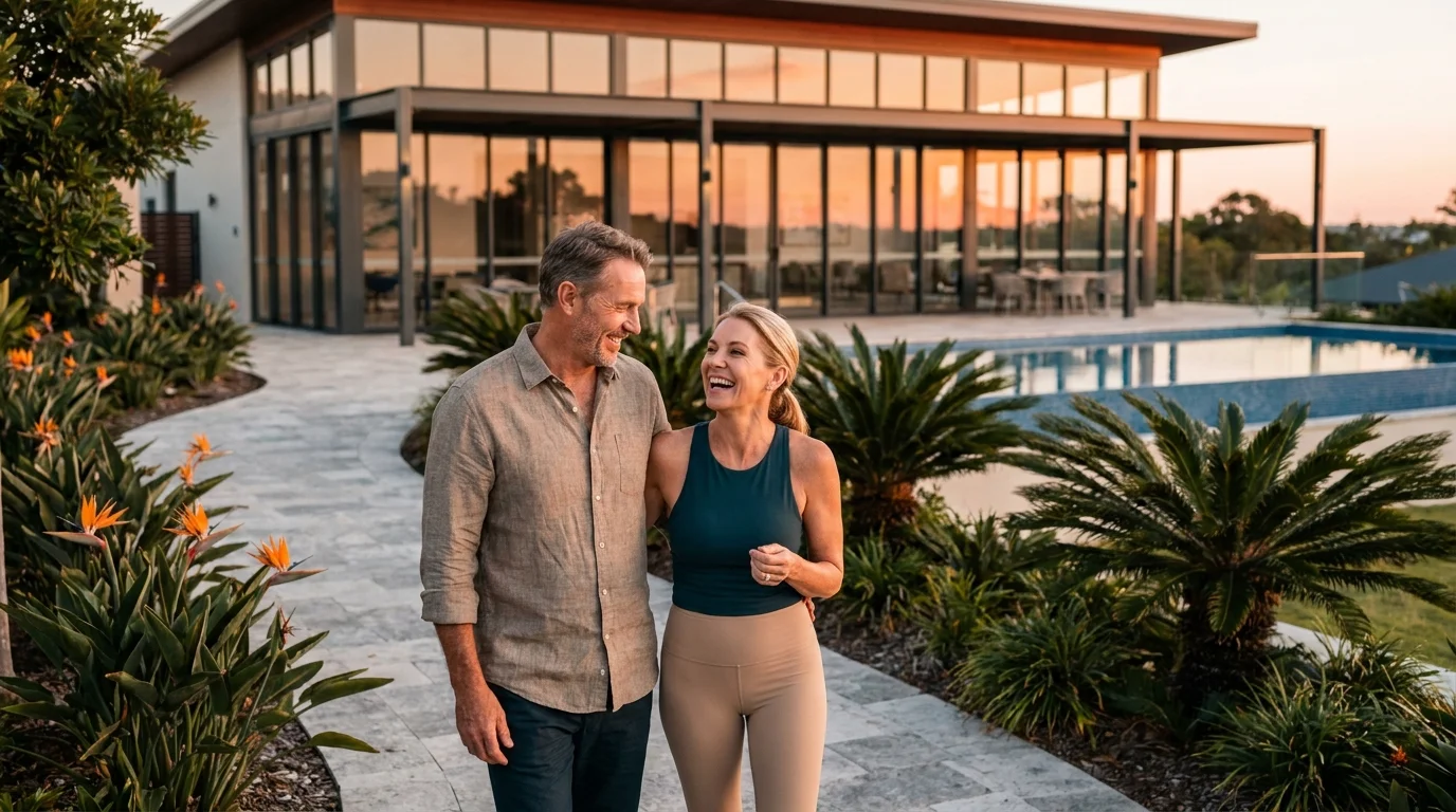 A happy couple in their 60s walks through a lush, resort-style retirement community at sunset with a modern clubhouse in the background.
