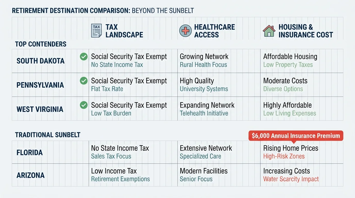 A horizontal infographic comparing South Dakota, Pennsylvania, and West Virginia against Florida and Arizona on taxes and healthcare.