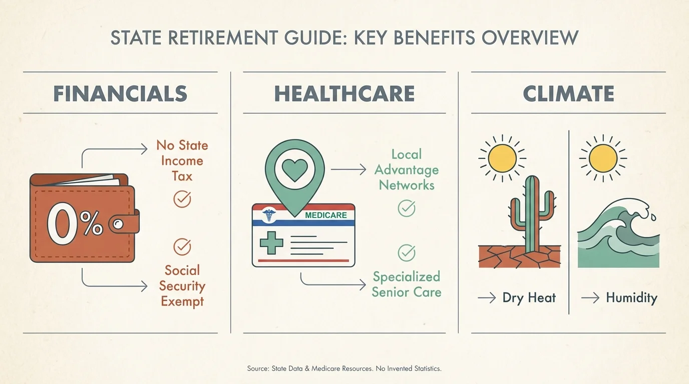 A horizontal infographic showing three panels: Financials with 0% tax, Healthcare with Medicare focus, and Climate with heat comparisons.