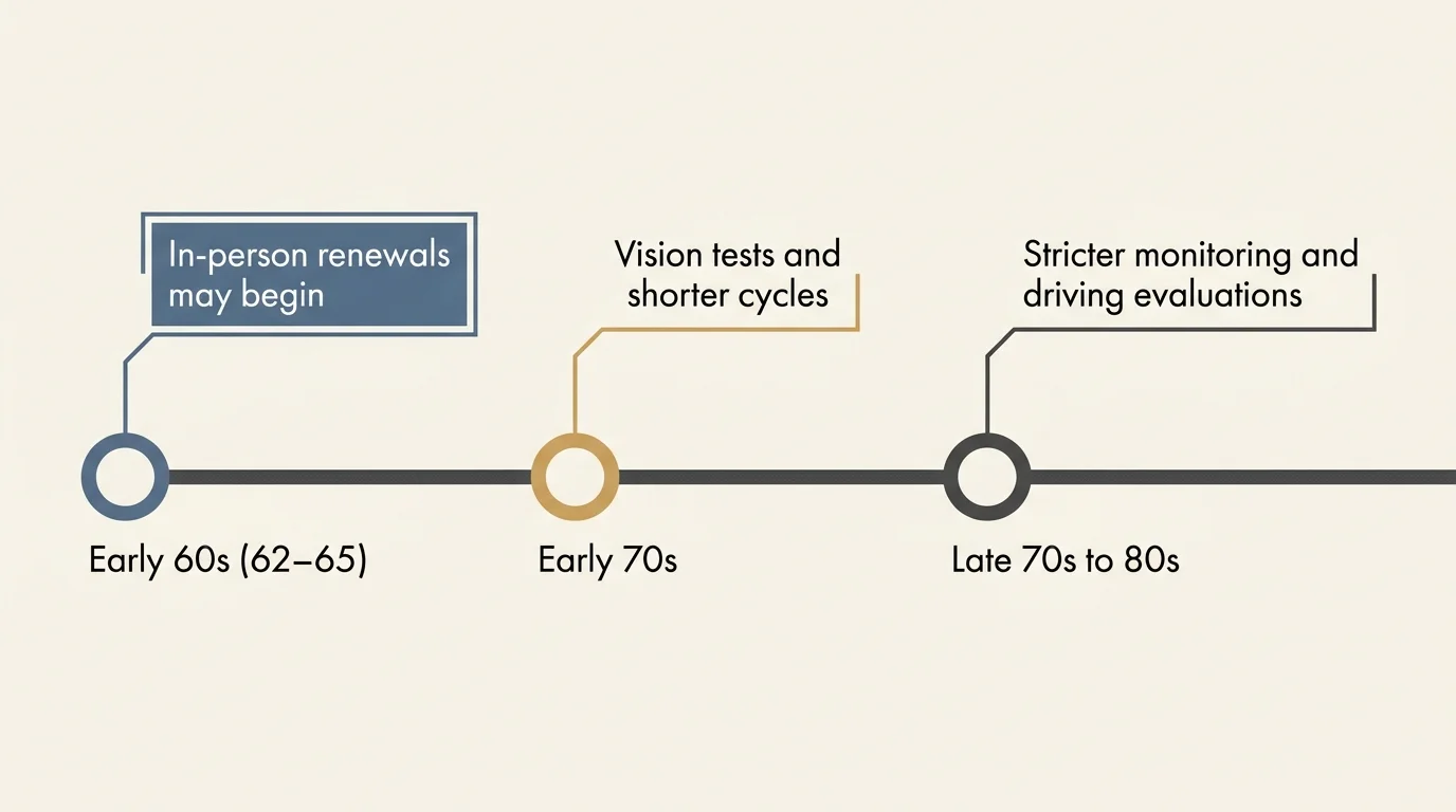 A horizontal timeline diagram showing driving requirement milestones at ages 62, 70, and 80.