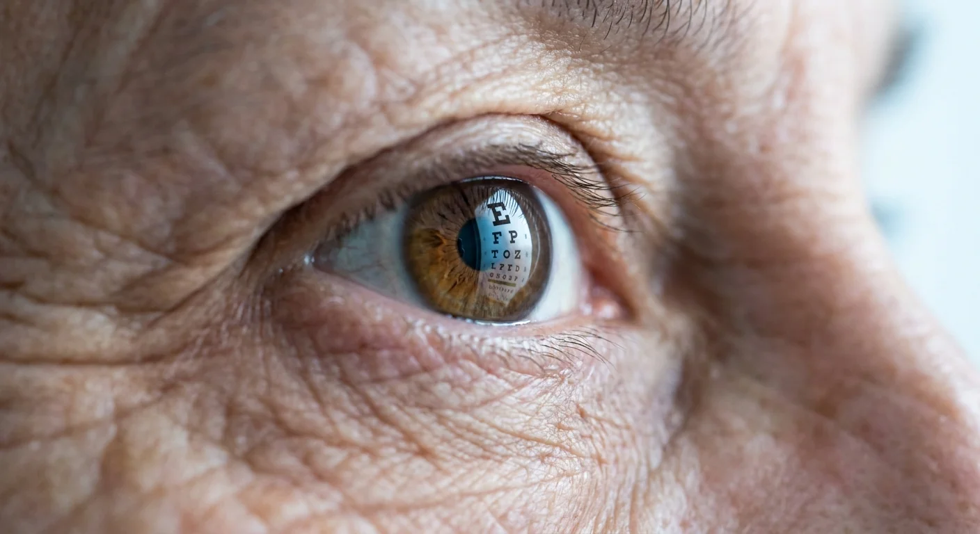 A macro close-up of a senior's eye reflecting an eye chart, representing the vision screening process.