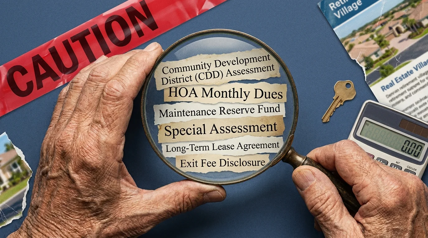 A magnifying glass held by senior hands hovers over a contract highlighting 'HOA' and 'CDD Assessment' fees.