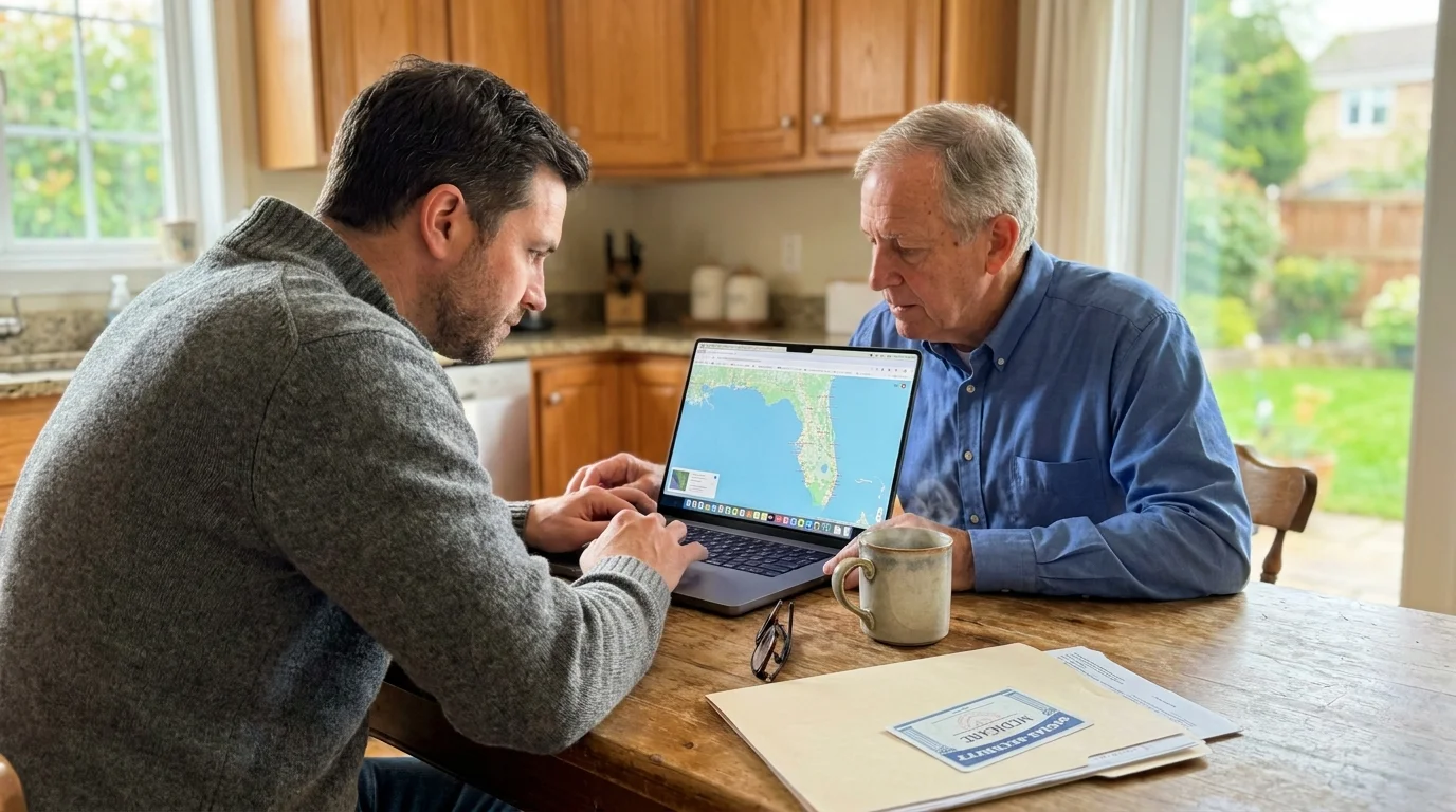 A man and a financial advisor sit at a kitchen table with a laptop and paperwork, discussing retirement plans in a home setting.