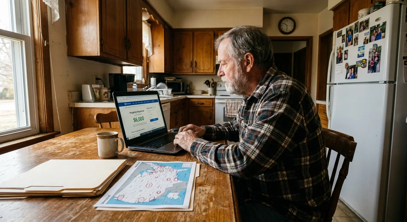 A man at a kitchen table researching property insurance and retirement locations on his laptop.