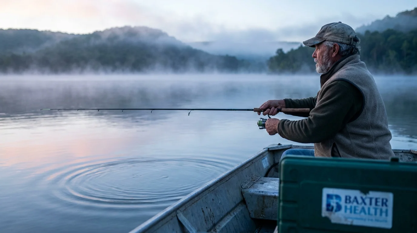 A man fishes from a boat on a misty lake in Mountain Home, Arkansas, with the Ozark Mountains in the background.