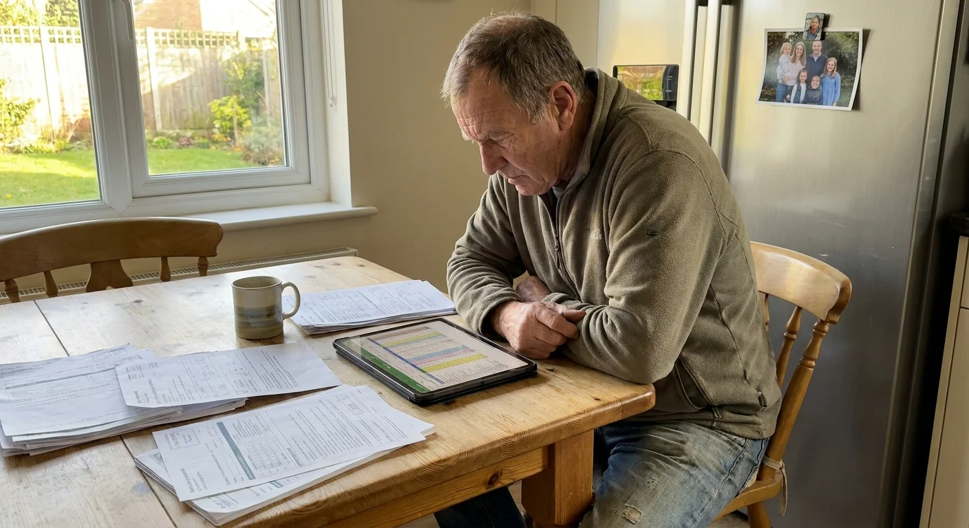A man reviews financial papers and a tablet at his kitchen table, considering professional retirement advice.