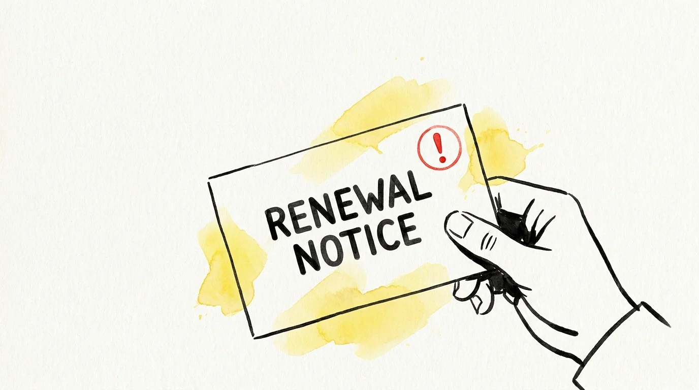 A minimalist drawing of a hand holding a DMV renewal notice with a red exclamation mark.