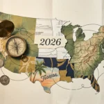 A mixed media collage map of the USA featuring textures of mountains, palm trees, and financial documents with the year 2026.