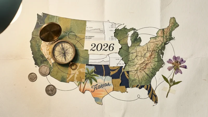 A mixed media collage map of the USA featuring textures of mountains, palm trees, and financial documents with the year 2026.