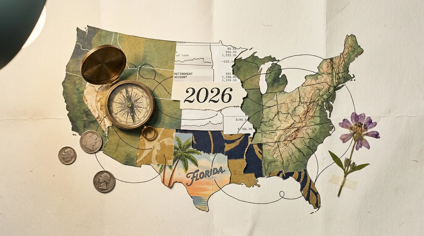 A mixed media collage map of the USA featuring textures of mountains, palm trees, and financial documents with the year 2026.