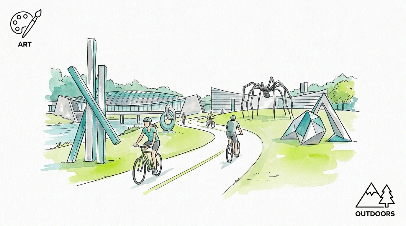 A modern watercolor illustration of a bike trail and public art in Bentonville, Arkansas.