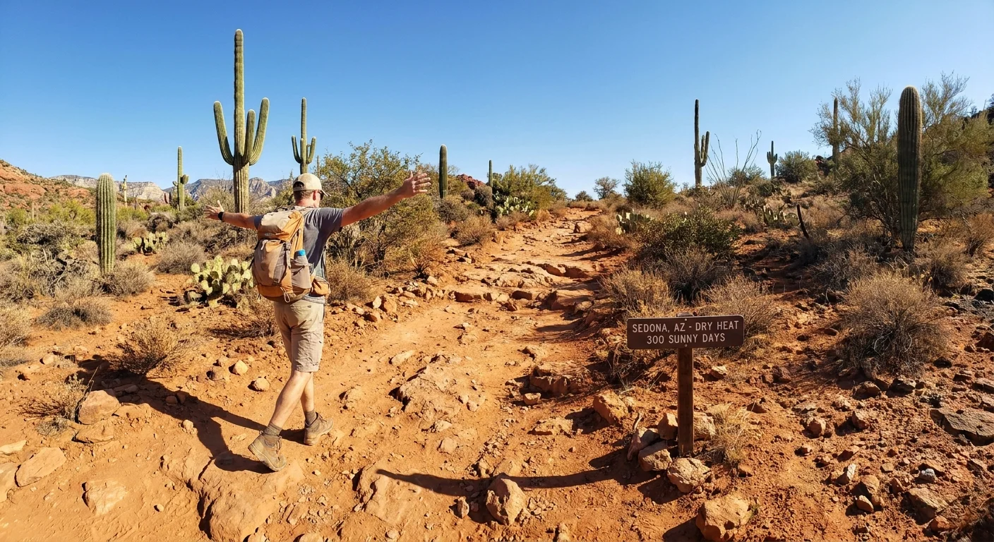 A person stretches while hiking in the sunny, arid Arizona desert, illustrating the health benefits of a dry climate.