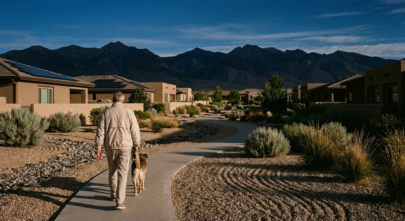 A person walks a dog in a desert-landscaped Nevada community with mountains in the background.