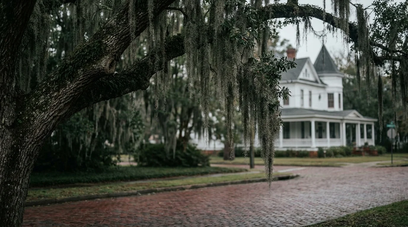 A red-brick street in Thomasville, Georgia, framed by live oaks and Spanish moss with a Victorian house in the background.