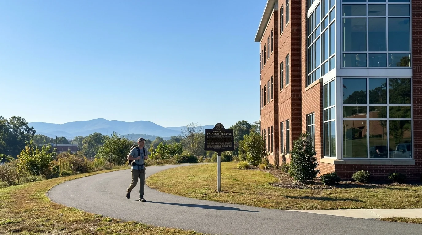 A retiree walks along a greenway in Hickory, North Carolina, with the Blue Ridge Mountains and a modern medical building in the background.