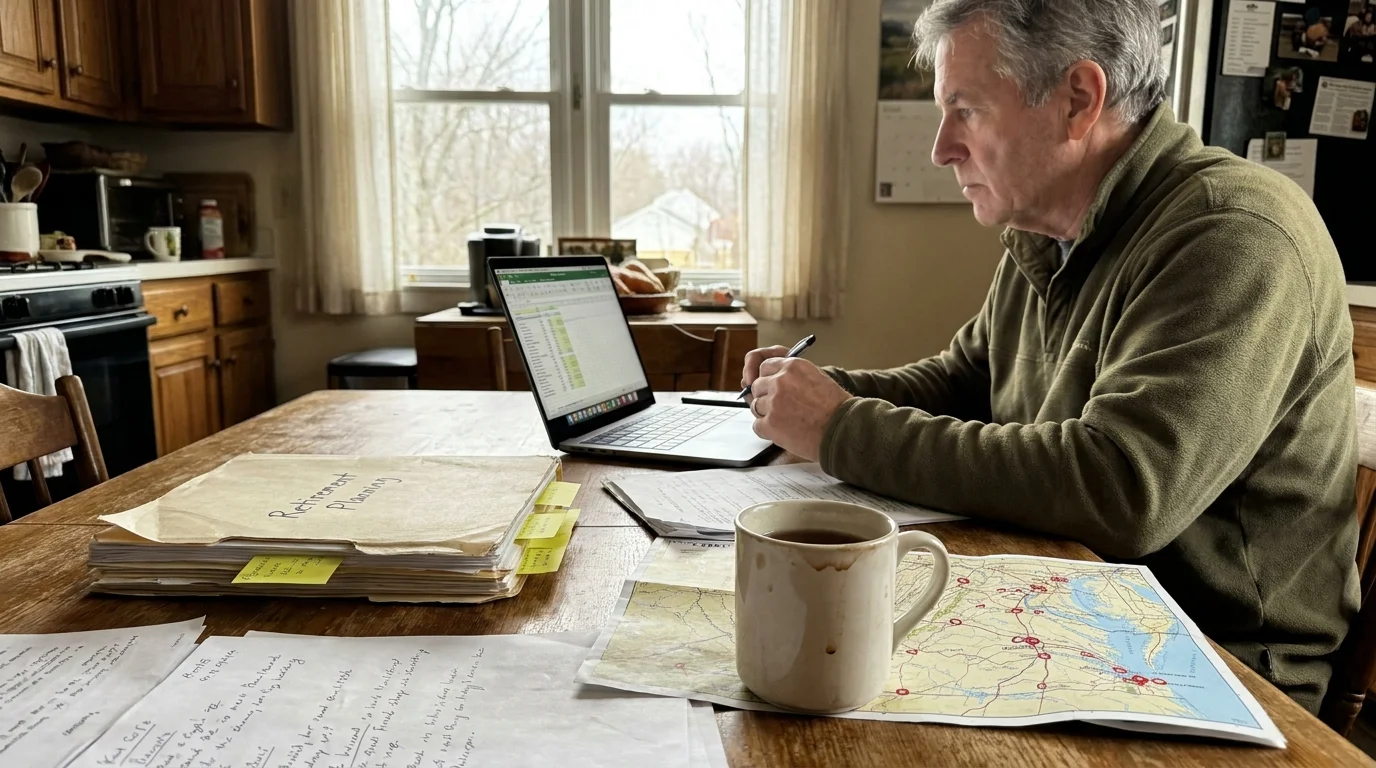A senior at a kitchen table surrounded by retirement planning folders, maps, and a laptop.