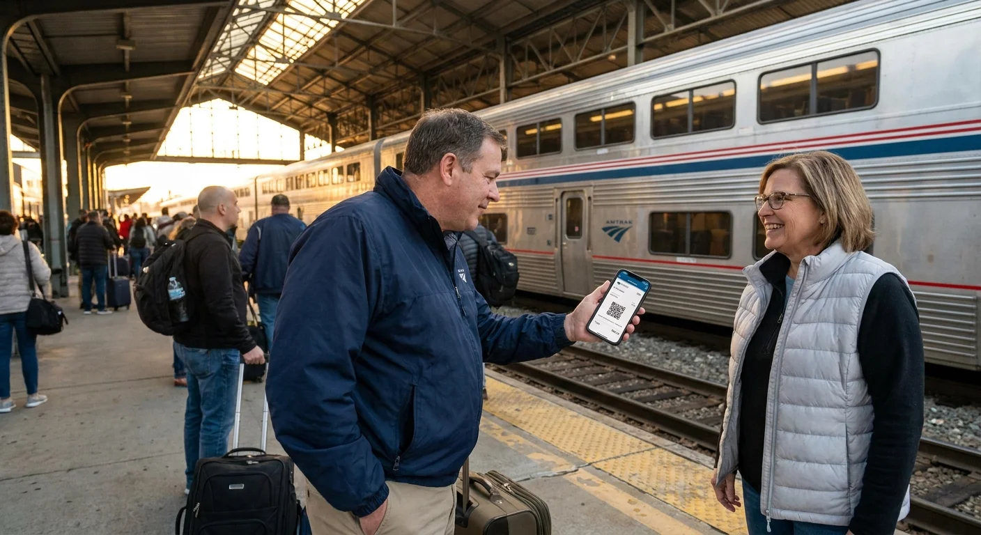 A senior couple at a train station looking at a phone screen that shows a '10% Senior Discount Applied' on a digital ticket.