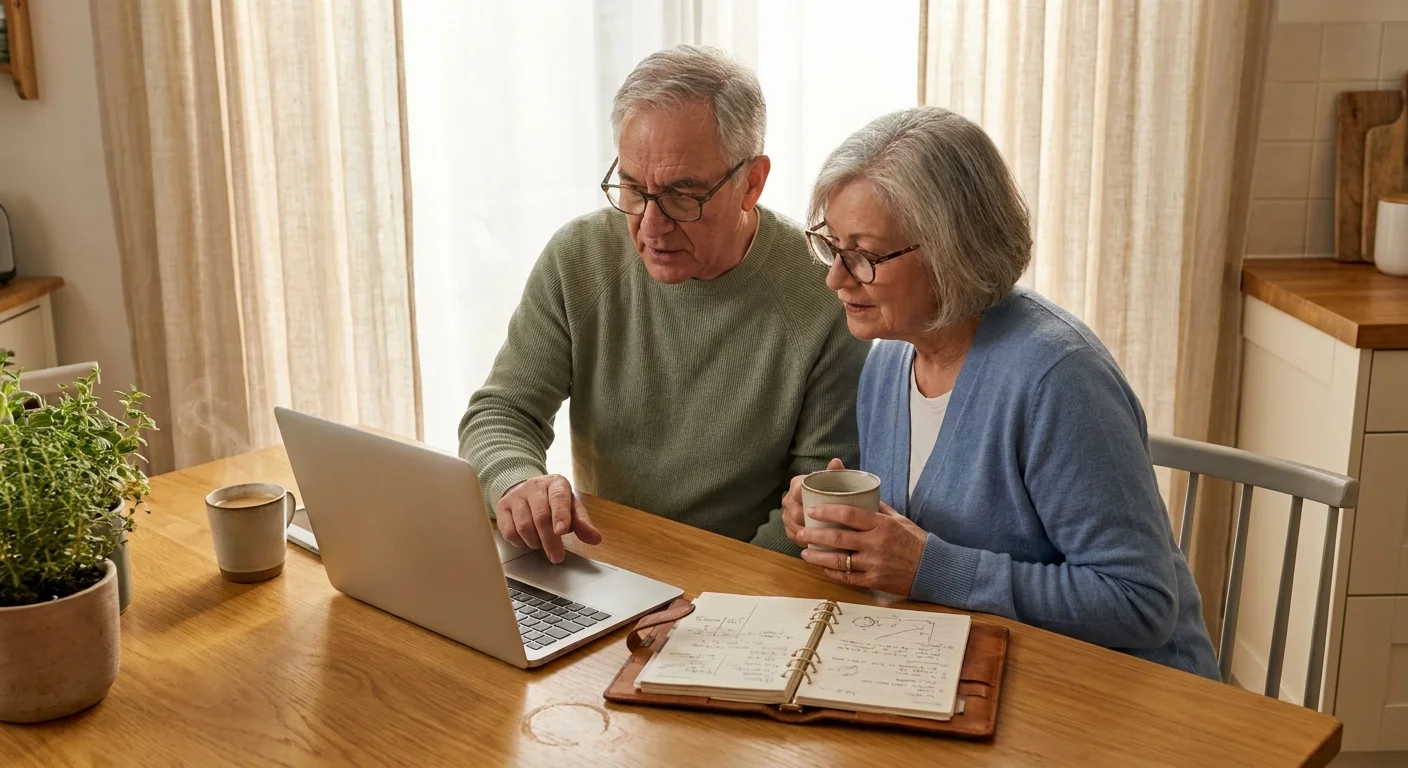 A senior couple discusses their retirement budget at a sunlit kitchen table with a laptop and planner.