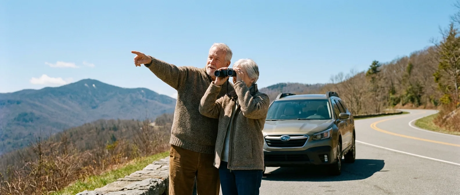 A senior couple enjoying a scenic mountain view next to their car, representing mobility and confidence.