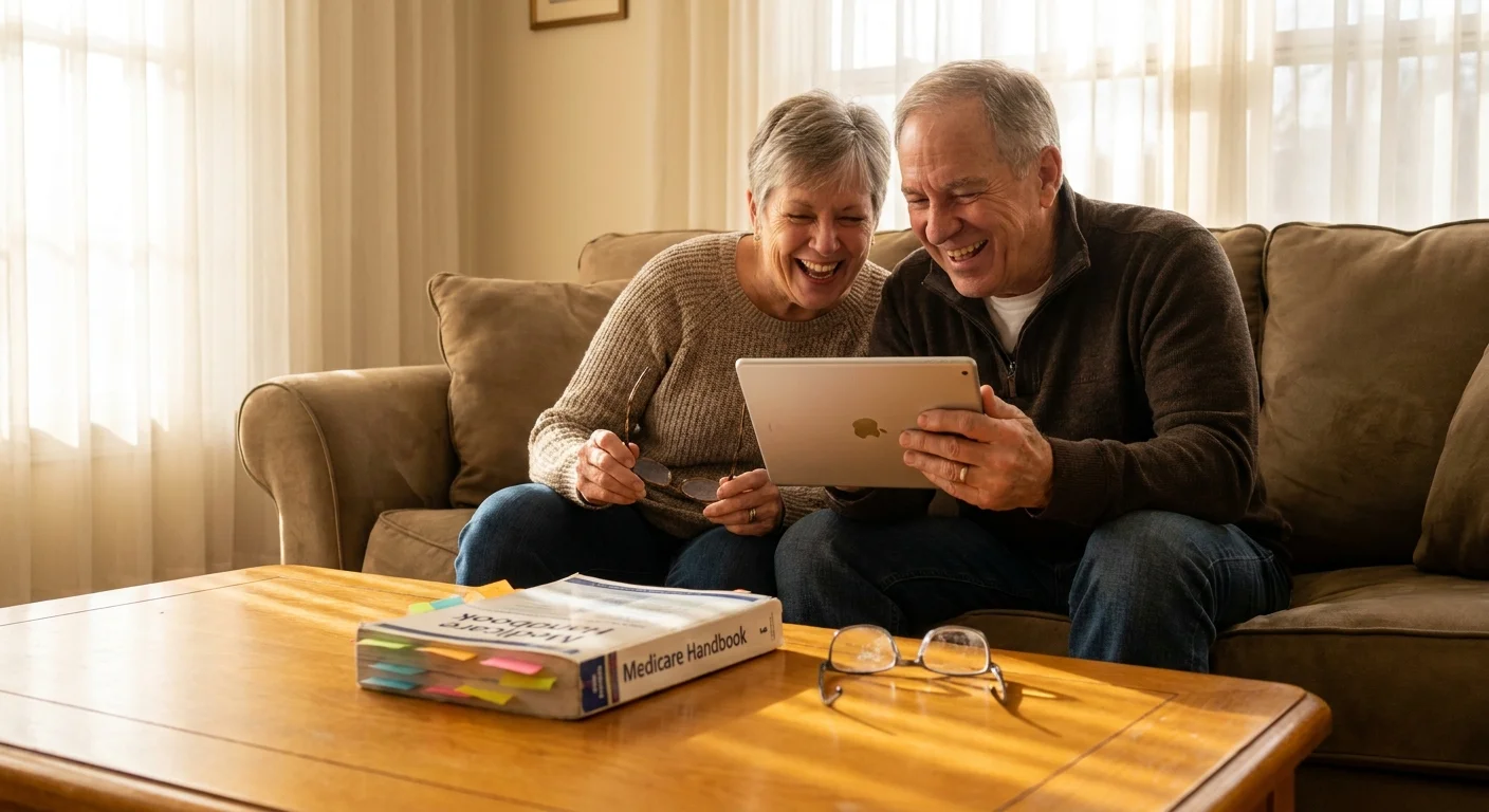 A senior couple laughing while using a tablet together in their living room.