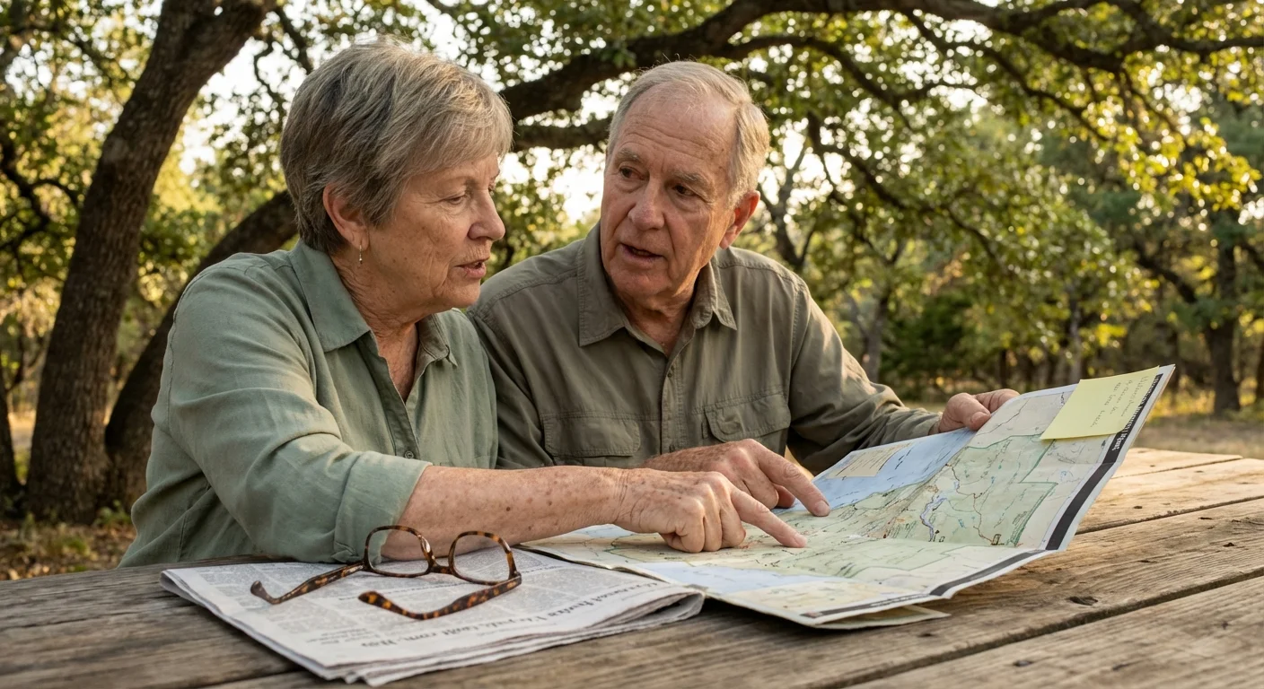 A senior couple plans their route on a paper map at a sunlit picnic table.