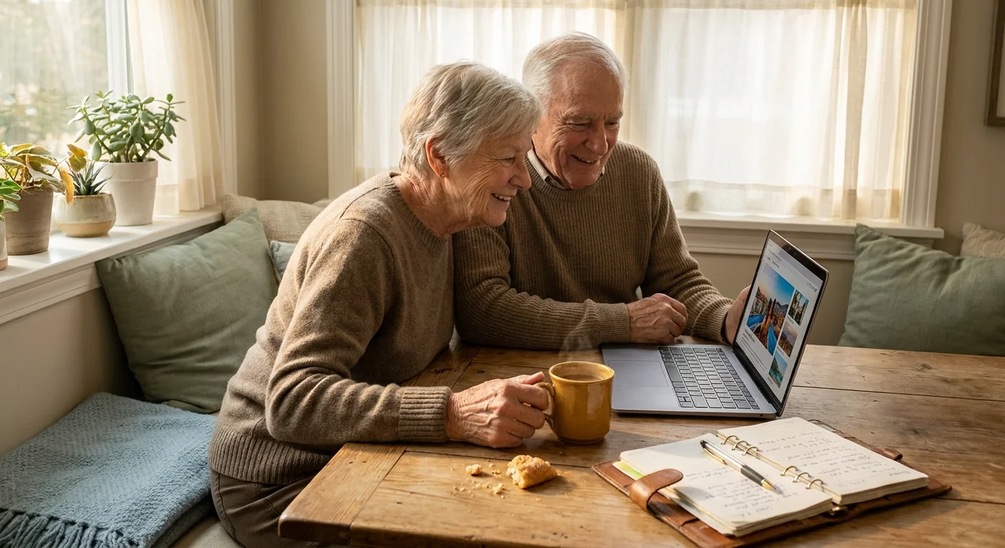 A senior couple smiles at each other while looking at a laptop in a bright, sun-filled breakfast nook.