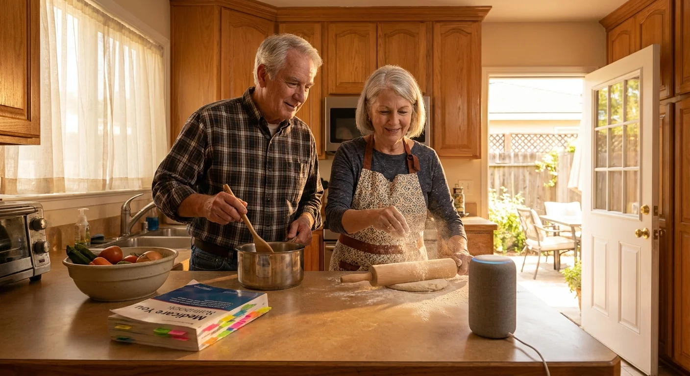 A senior couple using a voice assistant while baking together in a warm kitchen.