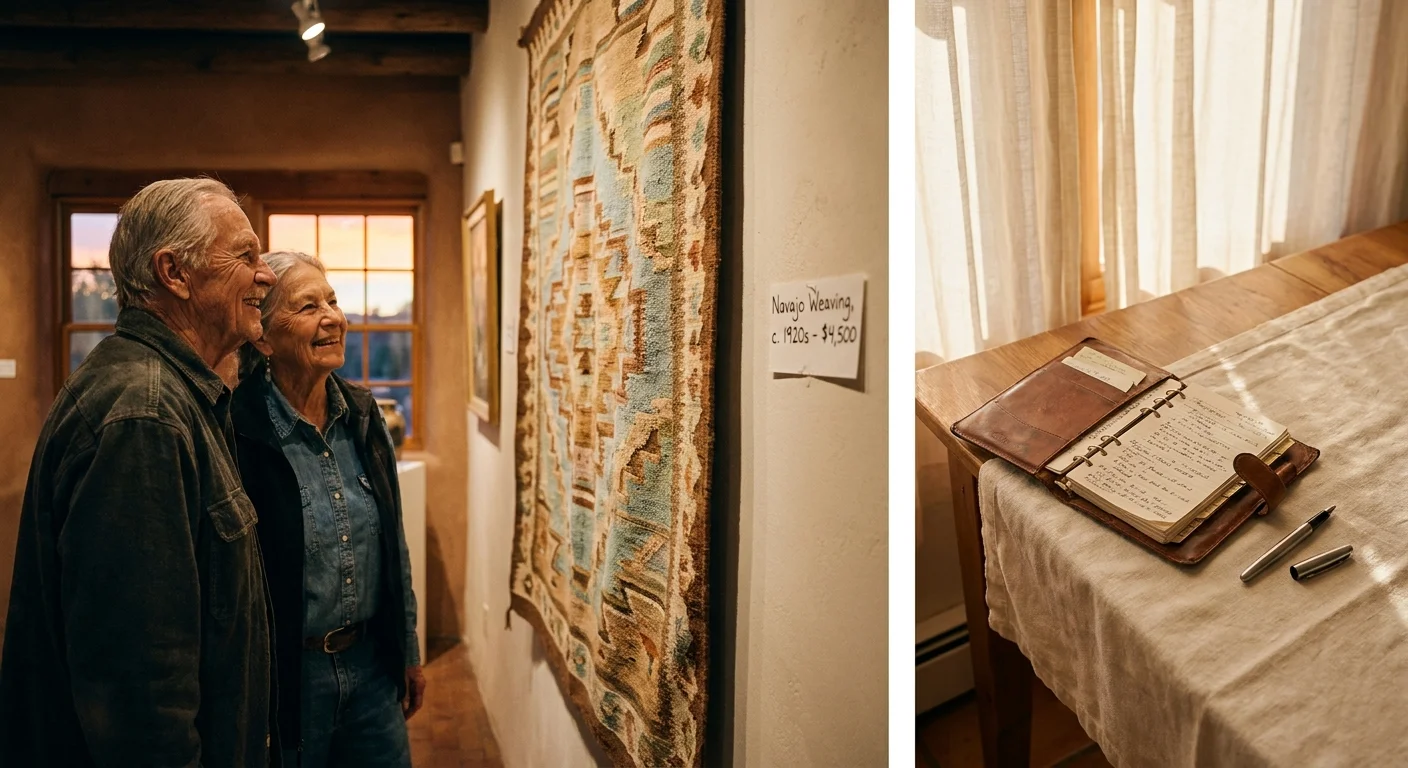 A senior couple views vibrant hand-woven art in a Santa Fe gallery.
