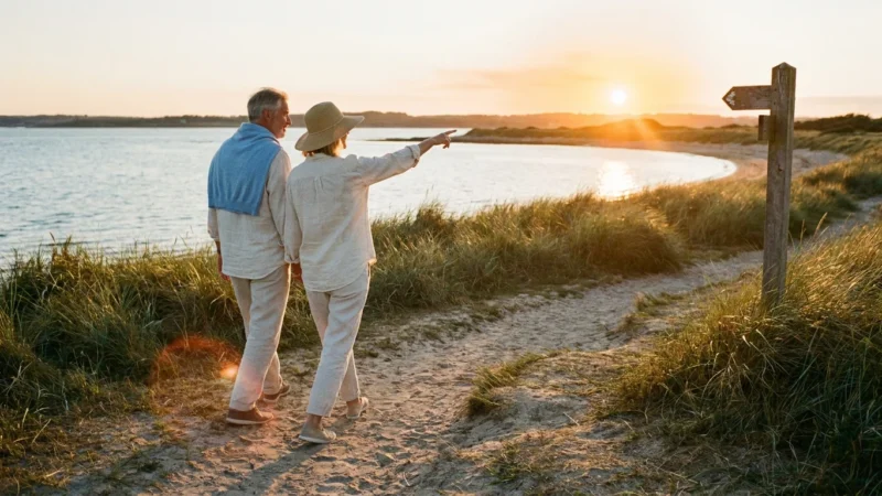 A senior couple walks along a sunny coastal trail at sunset, representing a healthy and active retirement lifestyle in a warm climate.