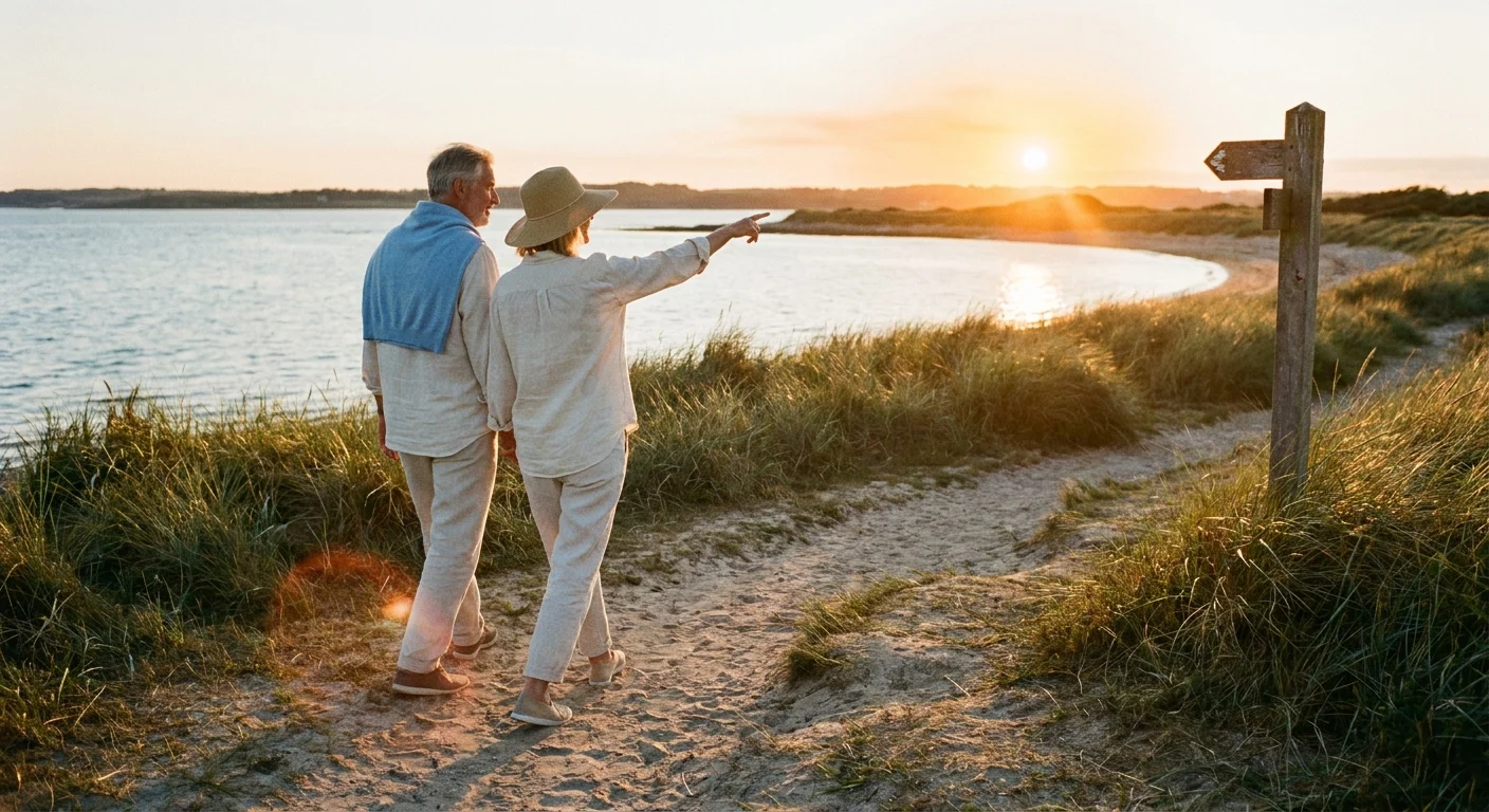 A senior couple walks along a sunny coastal trail at sunset, representing a healthy and active retirement lifestyle in a warm climate.