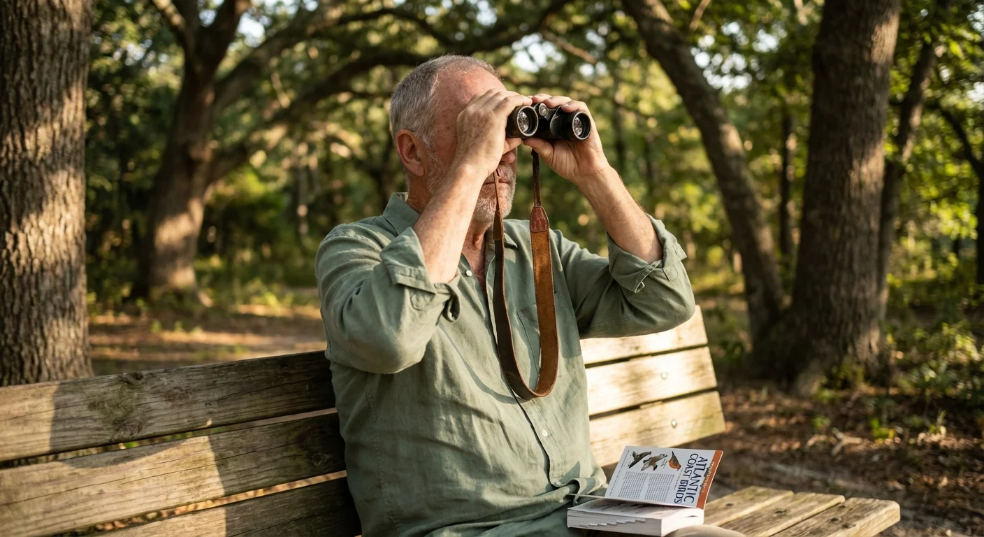 A senior man birdwatching with binoculars in the dappled sunlight of Shenandoah.