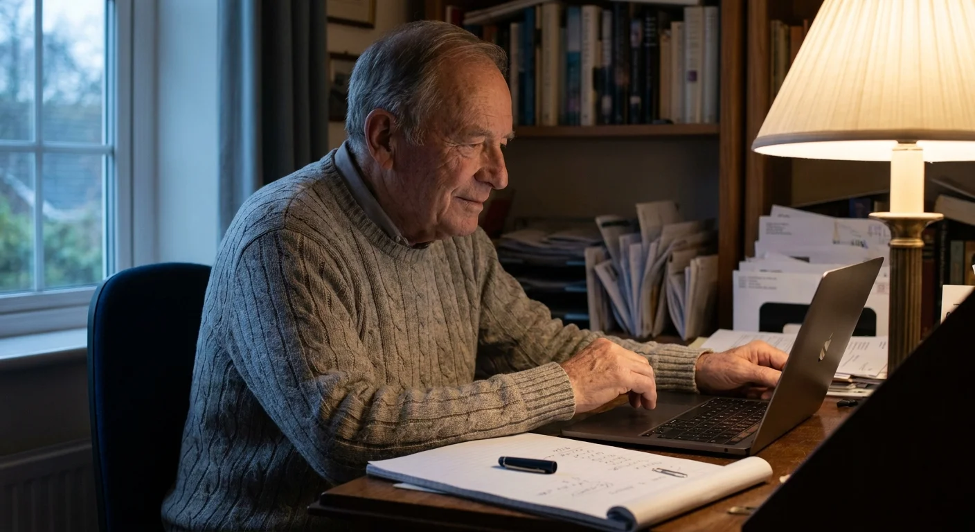 A senior man calmly reviewing his finances and tax documents in a warm home office setting.