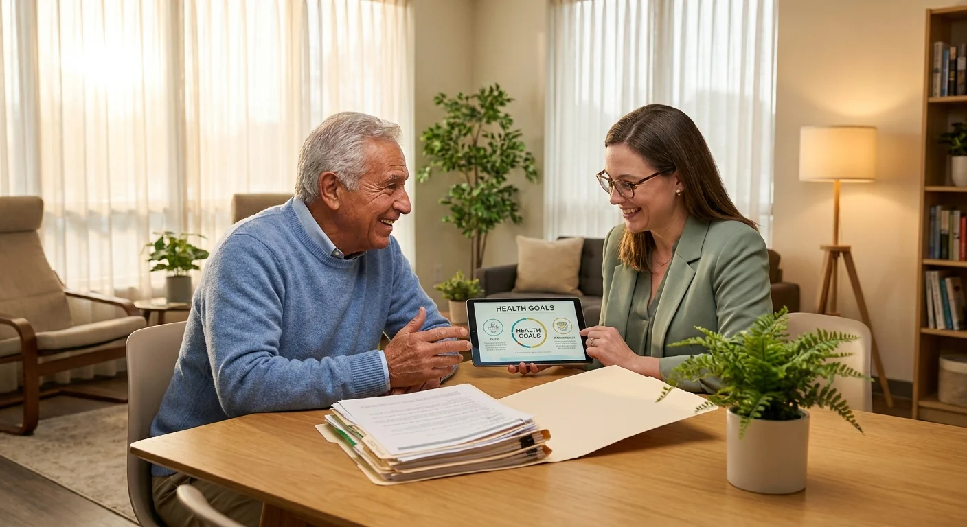 A senior man consults with a professional about Medicare gap coverage in a bright community center.
